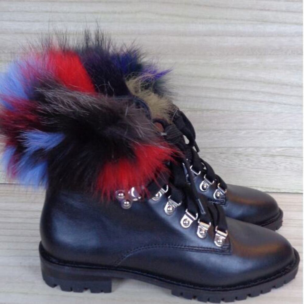 Rebecca Minkoff Jaylin Black Leather Boot With‎ Rainbow Fur Womens Size 6.5